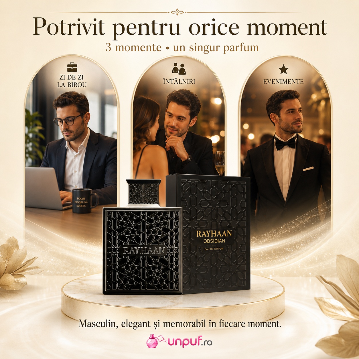 Parfum Obsidian Rayhaan potrivit pentru zi de zi la birou, &icirc;nt&acirc;lniri și evenimente elegante
