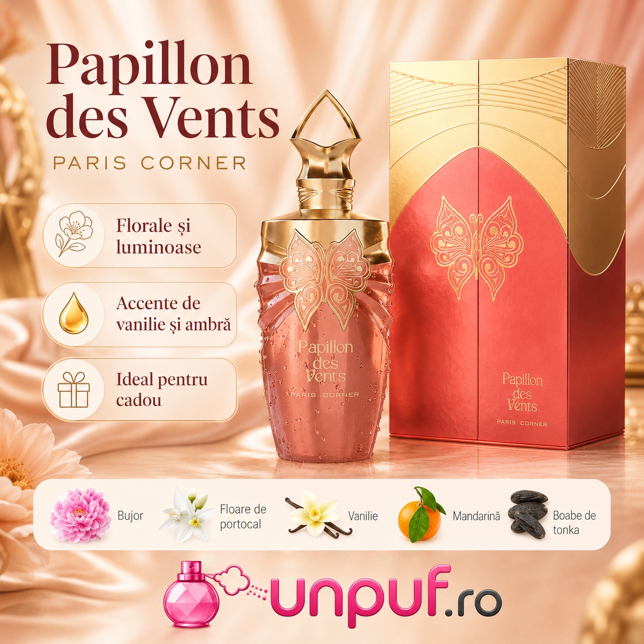 Papillon Des Vents Paris Corner design premium cu accente florale vanilate ambrate și cutie elegantă