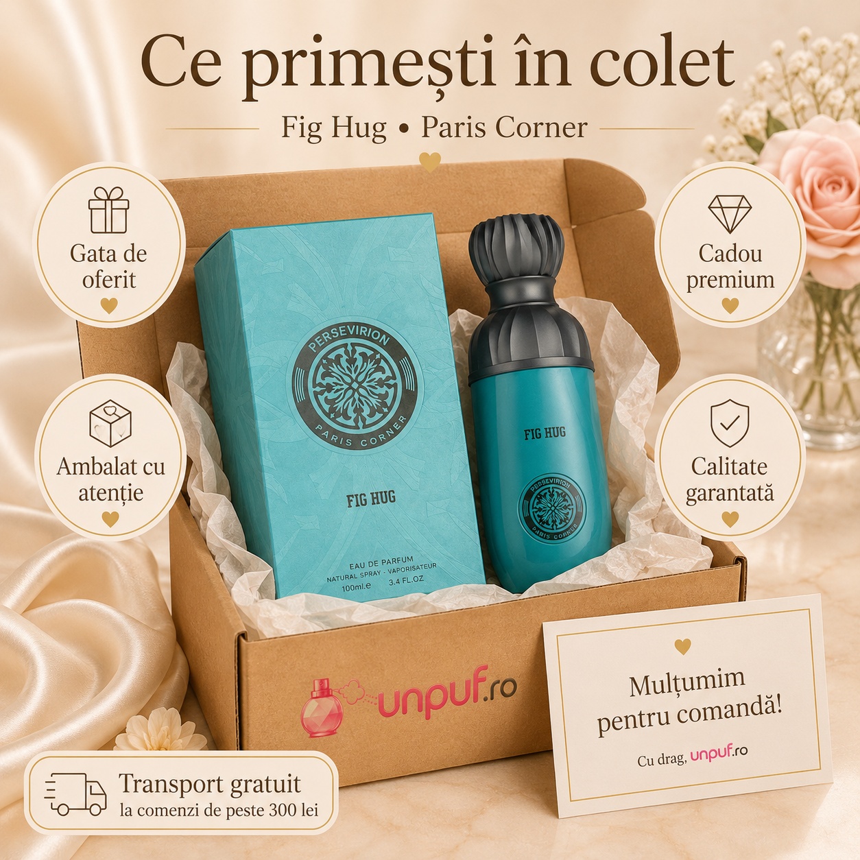 Ce primești în colet la Paris Corner Perseviron Fig Hug Eau de Parfum 100ml, ambalaj premium UnPuf.ro