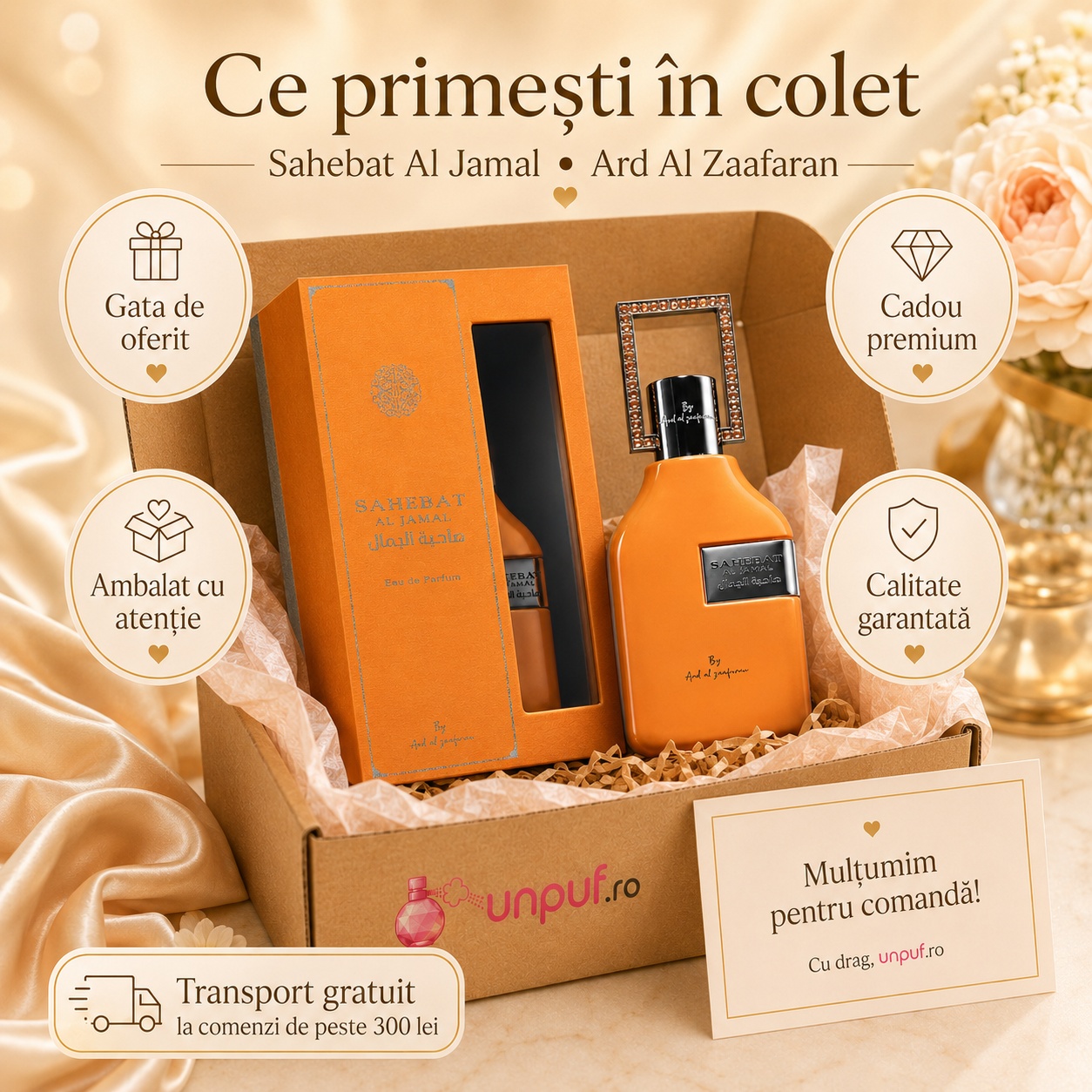 Ce primești &icirc;n colet Parfum Sahebat Al Jamal Ard Al Zaafaran 70 ml ambalat cu atenție gata de oferit cadou