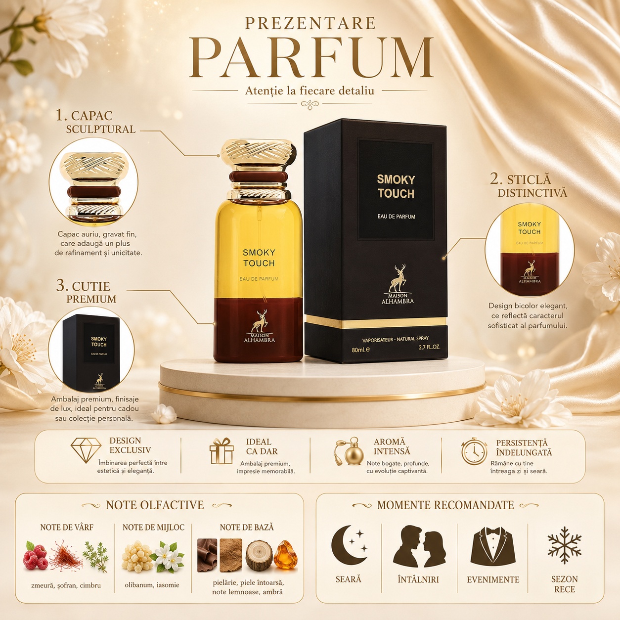 Prezentare parfum Smoky Touch Maison Alhambra cu capac sculptural, sticlă distinctivă, cutie premium și note olfactive