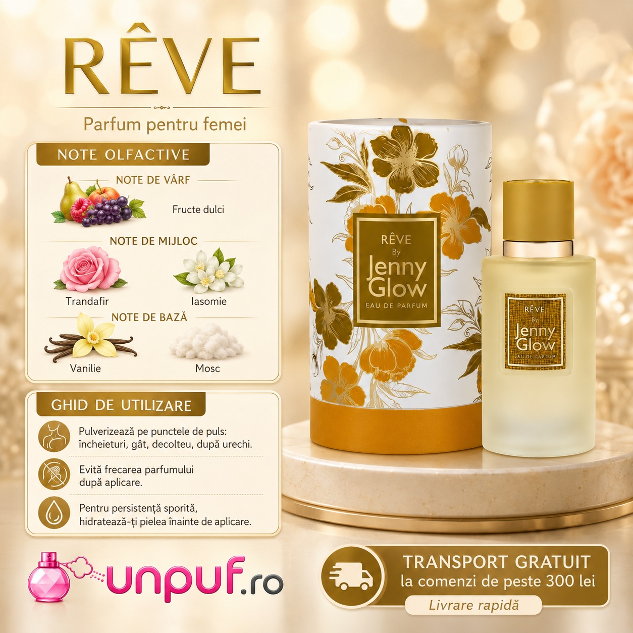 Note olfactive Sterling Reve Jenny Glow cu fructe dulci trandafir iasomie vanilie și mosc