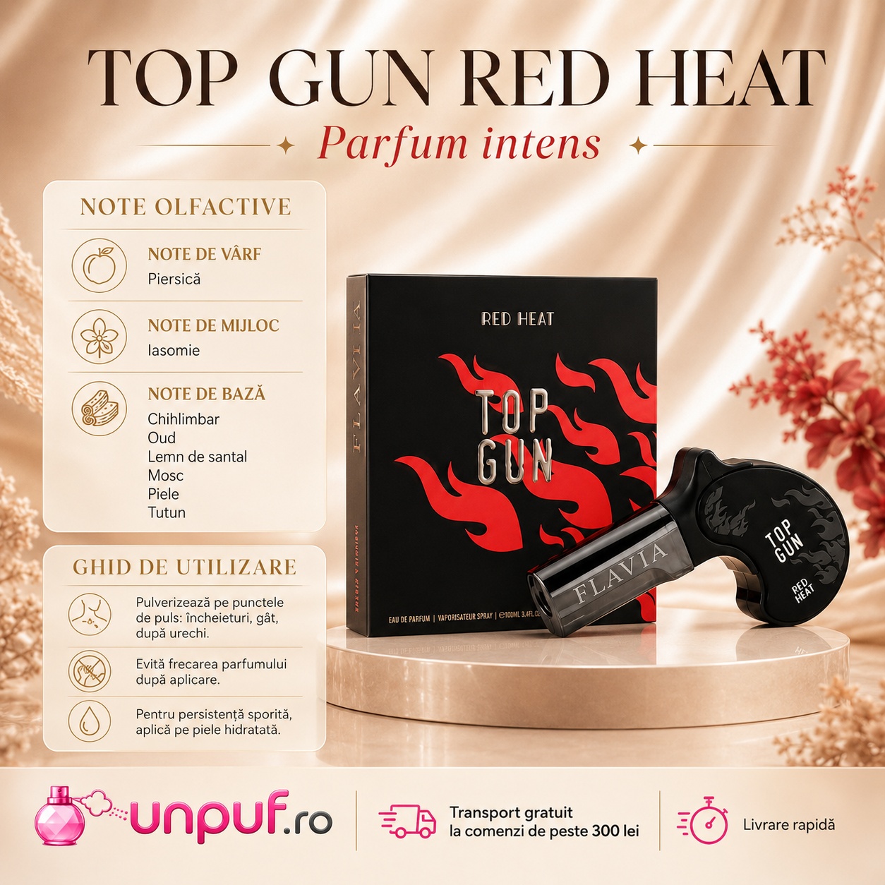 Note olfactive Sterling Top Gun Red Heat cu piersică iasomie chihlimbar oud lemn de santal mosc piele și tutun