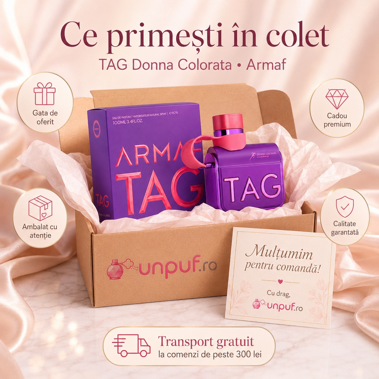 Ce primești &icirc;n colet Parfum Tag Her Donna Colorata Armaf 100 ml ambalat cu atenție gata de oferit cadou
