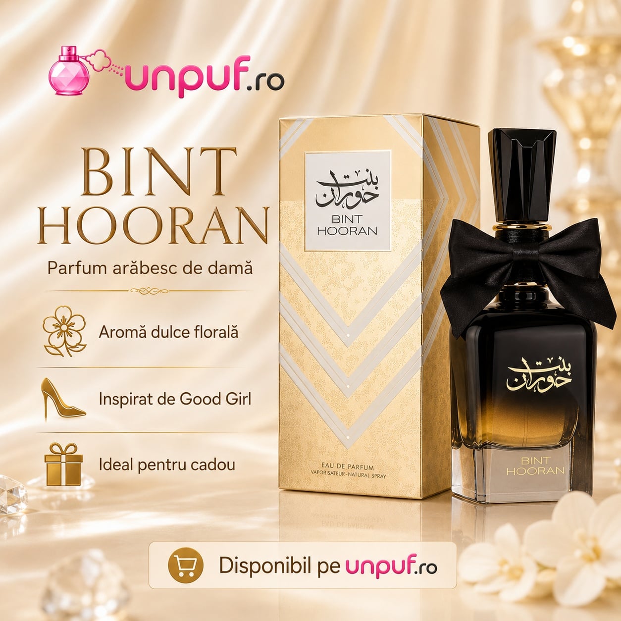 Bint Hooran parfum arăbesc de damă cu aromă dulce florală, inspirat de Good Girl și ideal pentru cadou