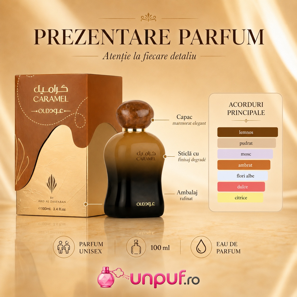 Prezentare parfum Ard Al Zaafaran Caramel Oud cu detalii flacon, capac, ambalaj și acorduri principale