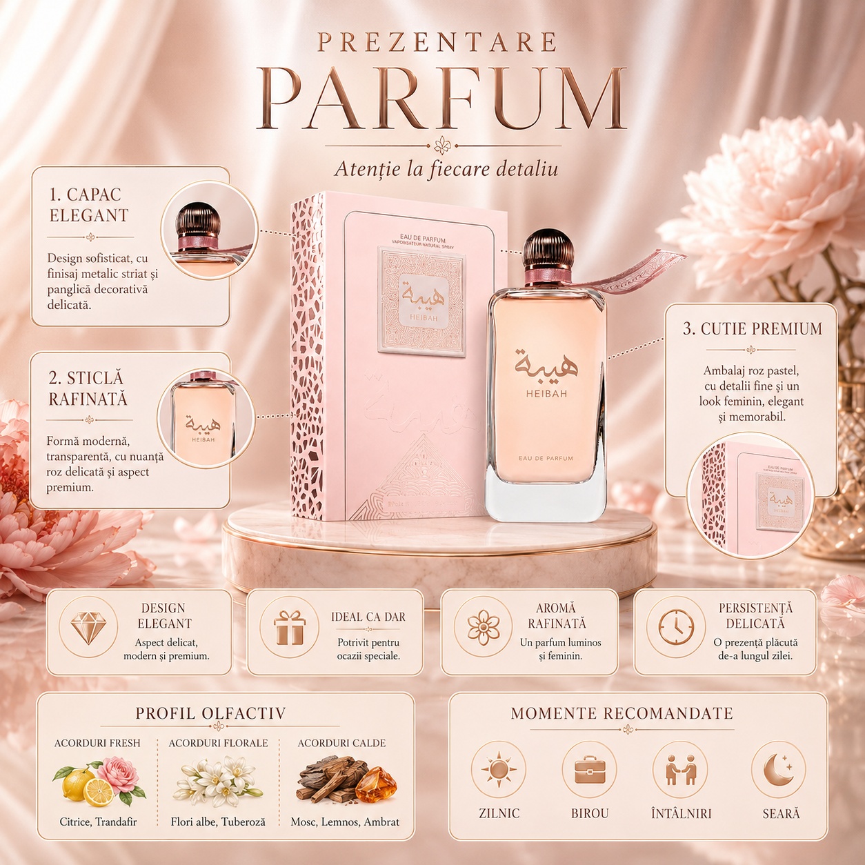 Prezentare parfum Ard Al Zaafaran Heibah cu capac elegant, sticlă rafinată, cutie premium și profil olfactiv