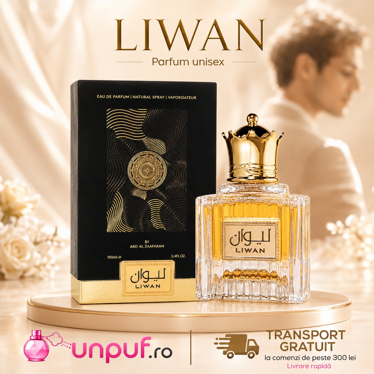 Liwan Ard Al Zaafaran parfum unisex 100 ml cu flacon elegant, cutie neagră și detalii aurii premium