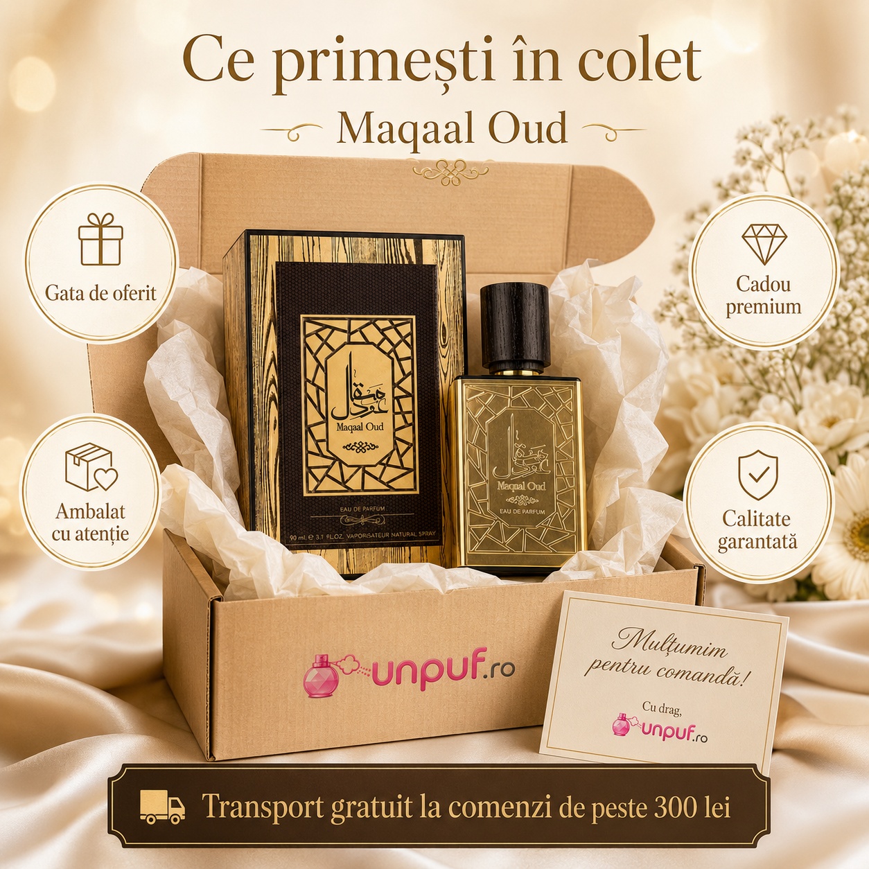 Ce primești &icirc;n colet Maqaal Oud Ard Al Zaafaran 50 ml parfum ambalat cu atenție pentru cadou premium