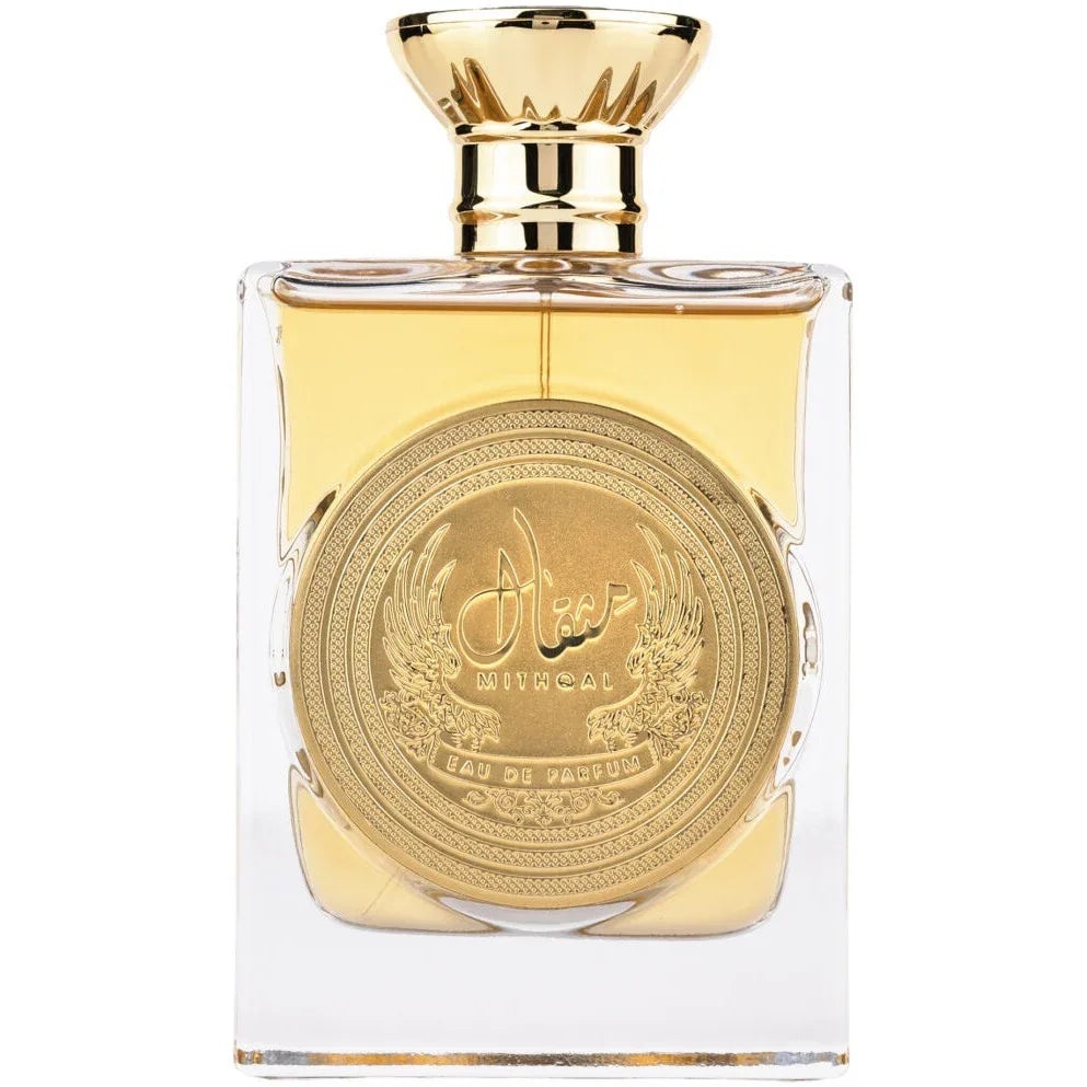 Flacon original Mithqal Ard Al Zaafaran 100 ml parfum arăbesc unisex cu lichid auriu și medalion decorativ