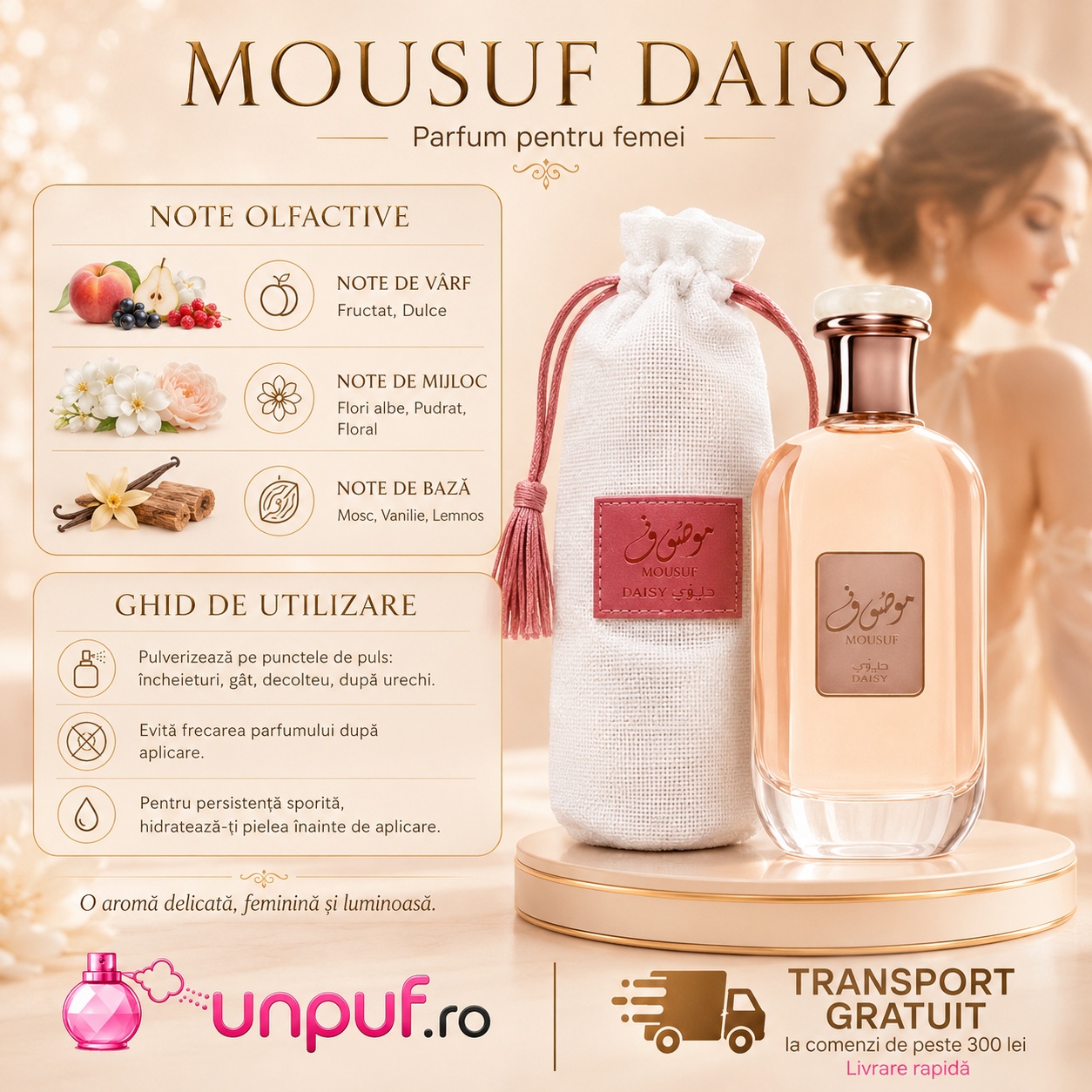 Note olfactive Ard Al Zaafaran Mousuf Daisy cu acorduri fructate, dulci, florale, pudrate, moscate, vanilate și lemnoase