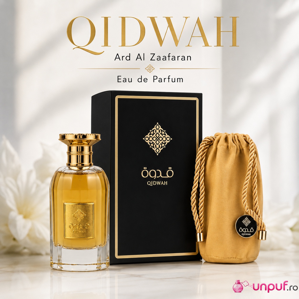 Prezentare premium Ard Al Zaafaran Qidwah Eau de Parfum cu sticlă, cutie și săculeț auriu