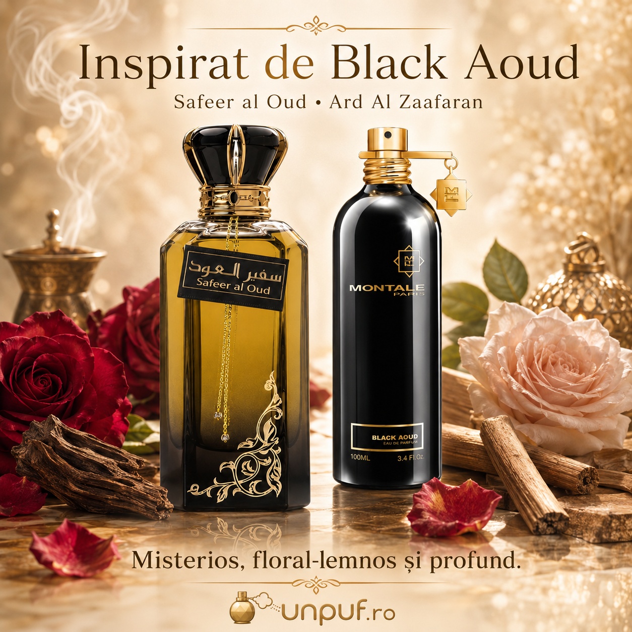 Parfum Ard Al Zaafaran Safeer Al Oud inspirat de Black Aoud, misterios, floral lemnos și profund