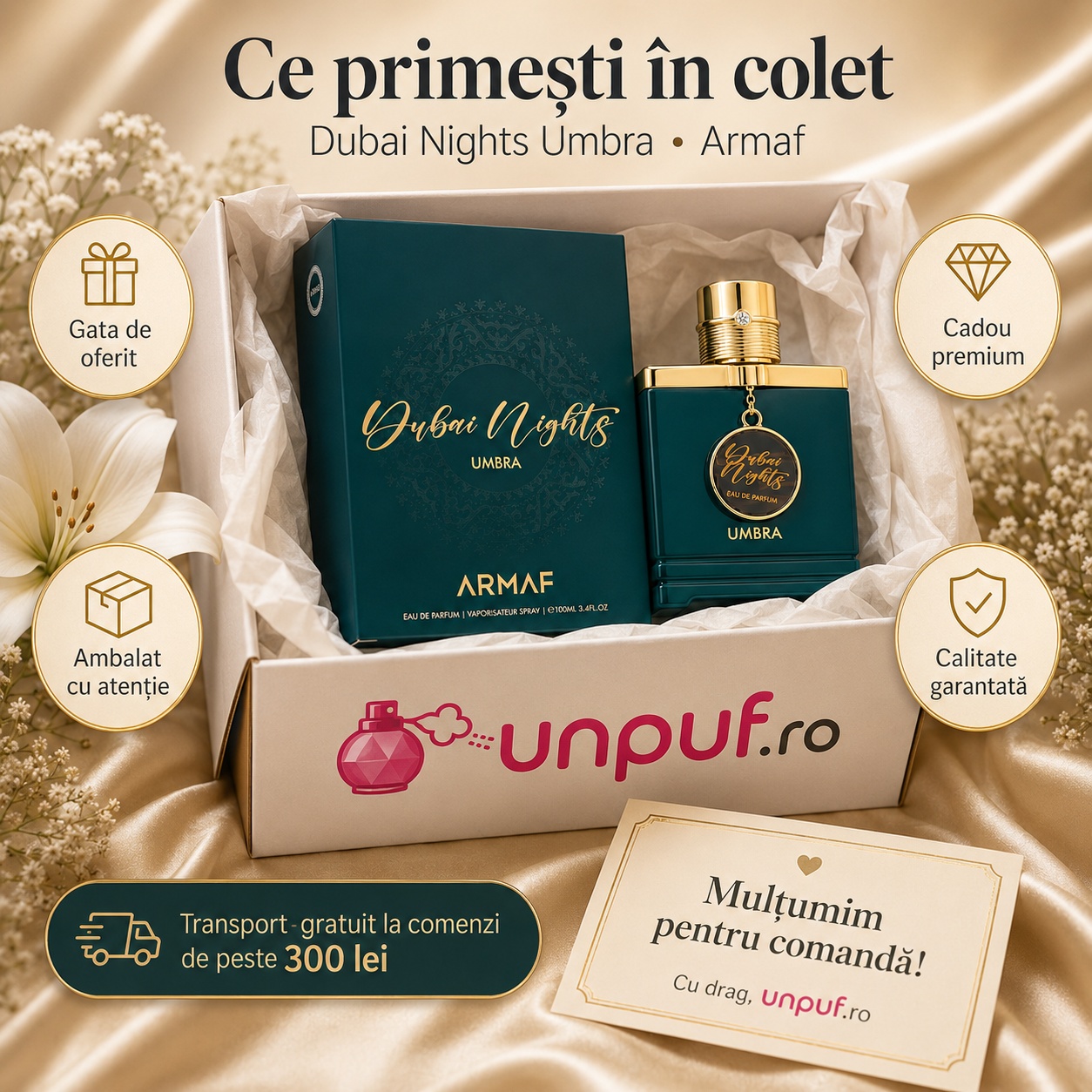 Ce primești &icirc;n colet Armaf Dubai Nights Midnight Umbra 100 ml parfum original și cutie premium
