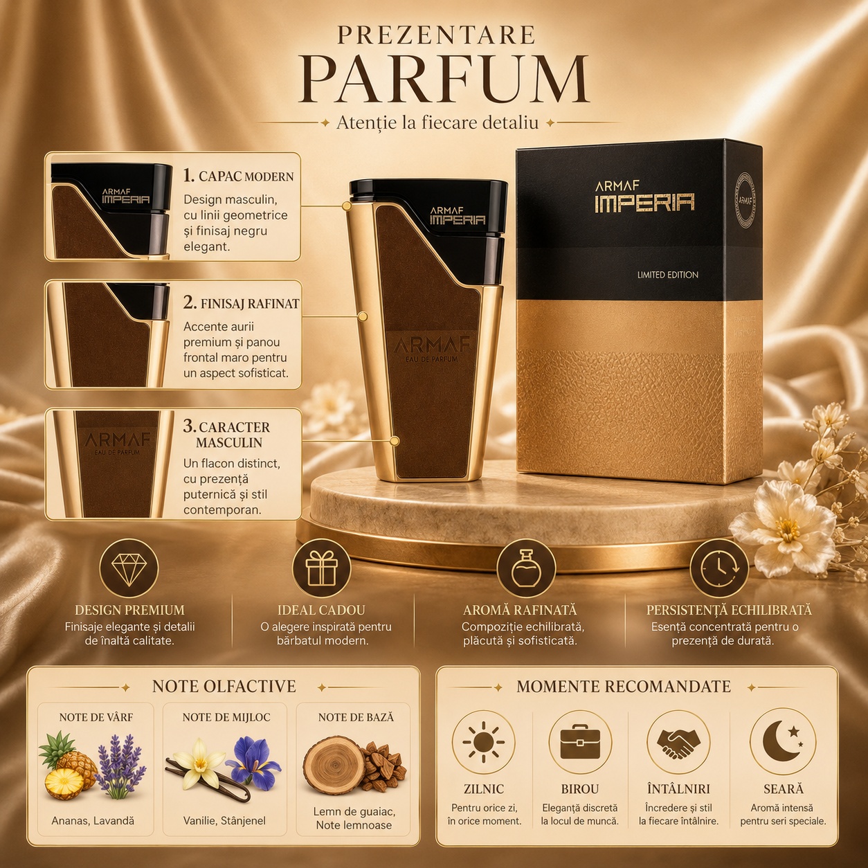 Prezentare Armaf Imperia 80 ml cu design premium, note olfactive, ananas, lavandă, vanilie, st&acirc;njenel, lemn de guaiac și note lemnoase