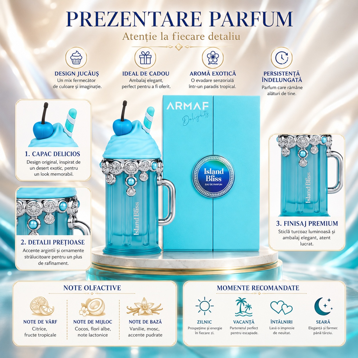 Prezentare Parfum Arăbesc Armaf Island Bliss cu citrice, fructe tropicale, cocos, flori albe, vanilie, mosc și note pudrate