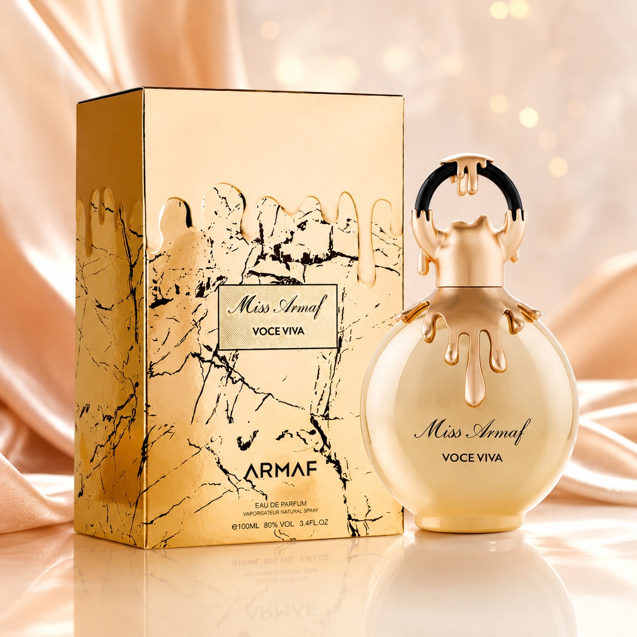 Parfum Arăbesc Armaf Miss Voceviva 100 ml cu flacon auriu elegant și cutie premium aurie marmorizată