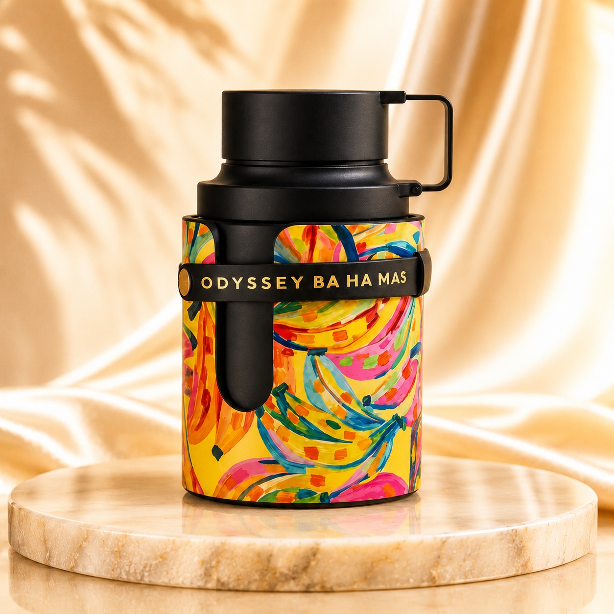Flacon Armaf Odyssey Ba Ha Mas 100 ml cu imprimeu tropical multicolor, capac negru și design contemporan