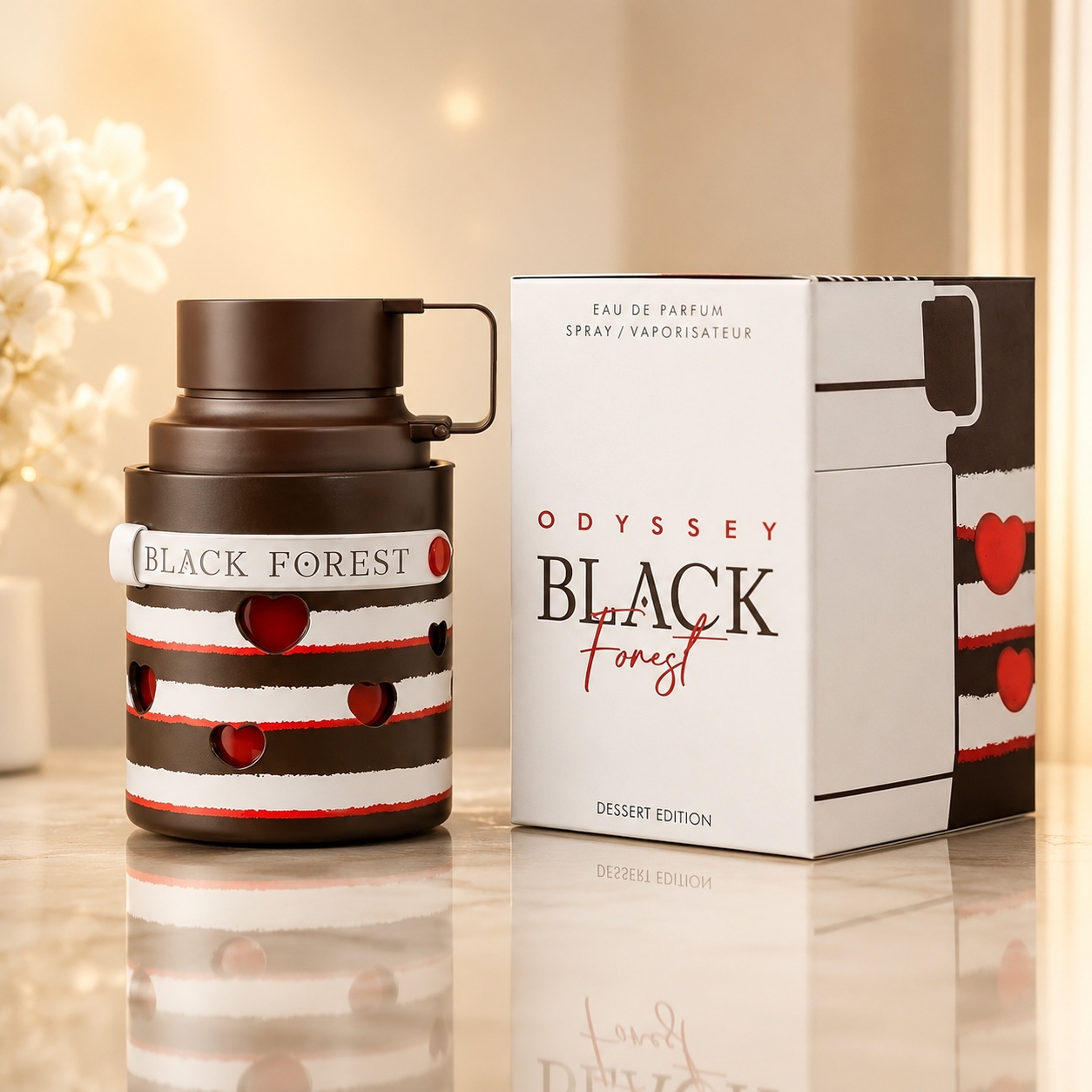 Parfum Arăbesc Armaf Odyssey Black Forest Dessert 100 ml cu flacon maro alb roșu și cutie premium