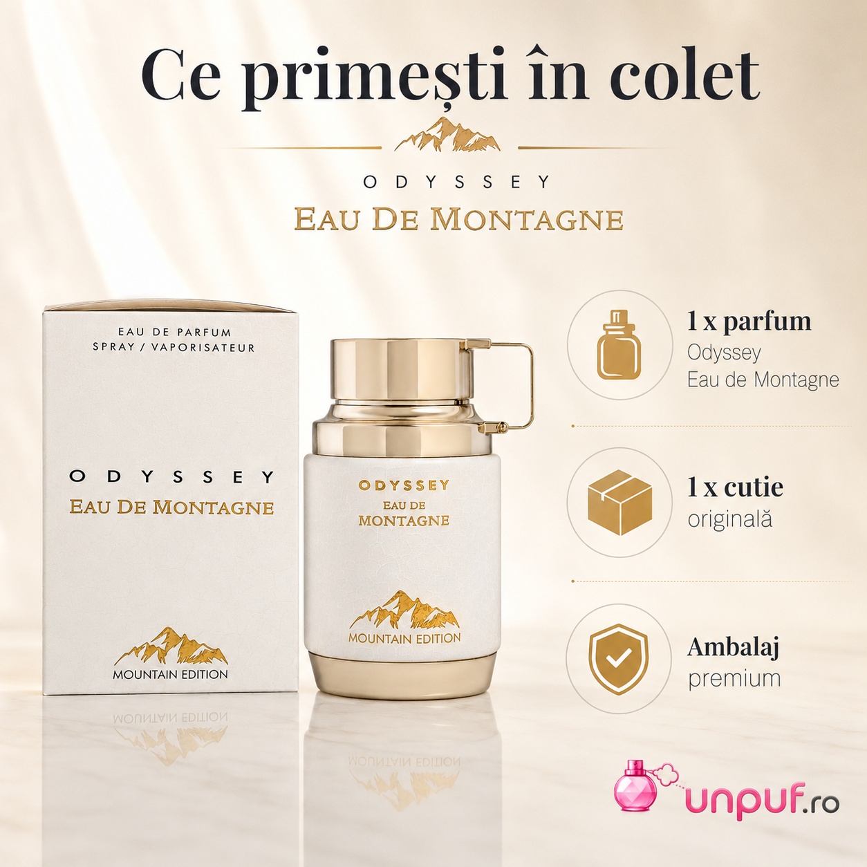 Ce primești &icirc;n colet Armaf Odyssey Eau De Montagne 100 ml parfum original, cutie originală și ambalaj premium