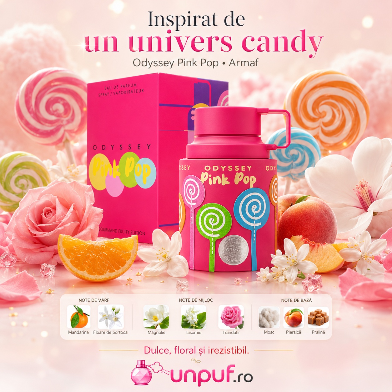 Armaf Odyssey Pink Pop inspirat de un univers candy cu acadele, flori, citrice, piersică, pralină și mosc