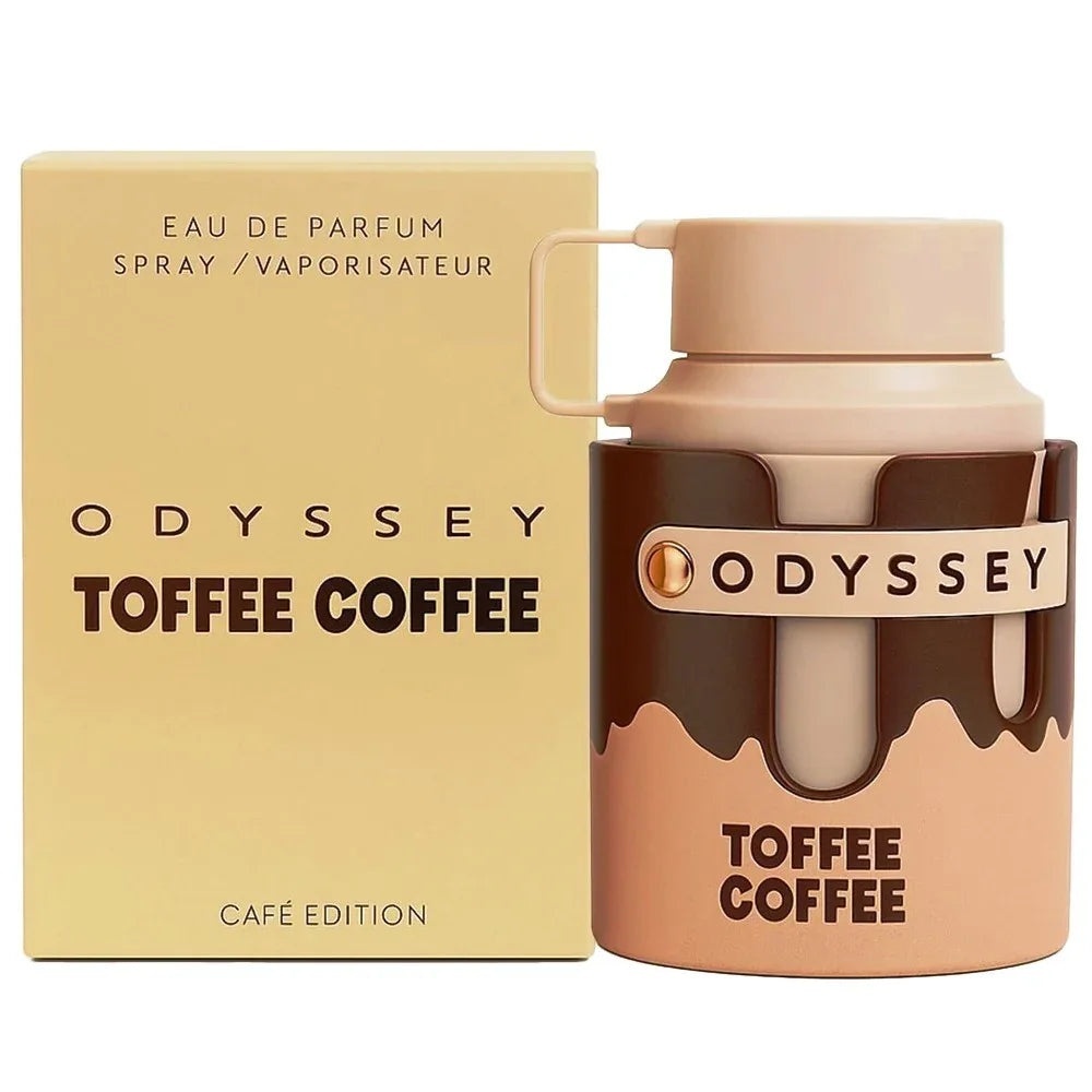 Cutie originală Armaf Odyssey Toffee Coffee 100 ml și flacon crem maro parfum unisex