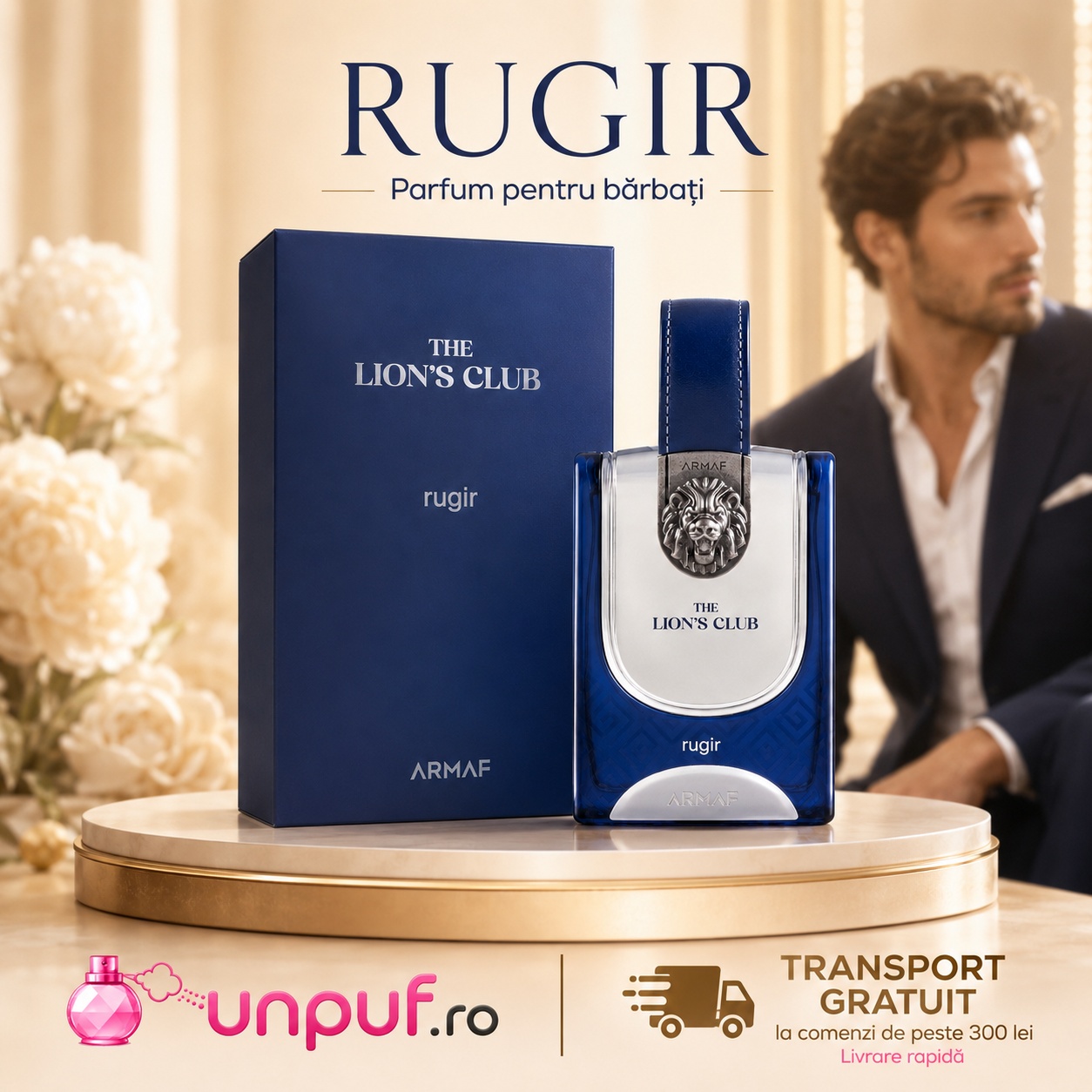 Armaf The Lion's Club Rugir parfum pentru bărbați cu flacon albastru și cutie bleumarin
