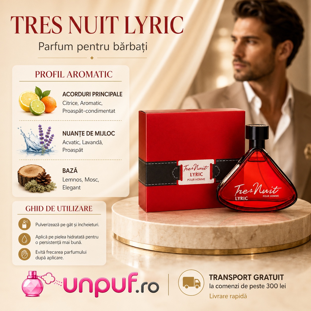 Tres Nuit Lyric parfum pentru bărbați cu acorduri citrice, aromatice, acvatice, lavandă, lemnos și mosc
