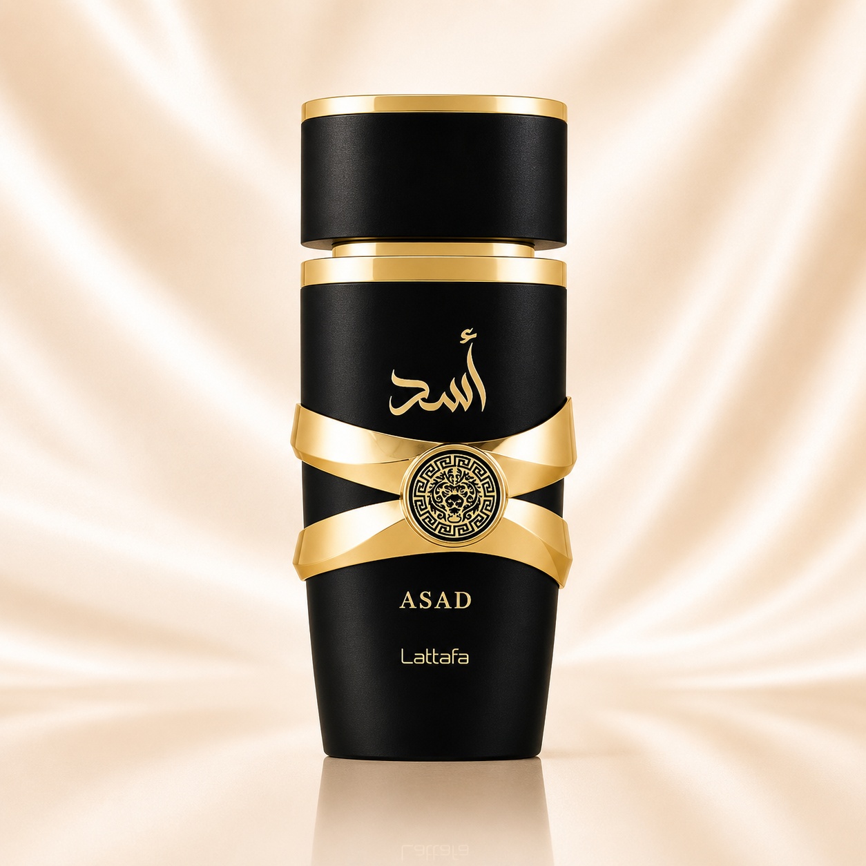 Flacon Asad Lattafa 100 ml parfum bărbat negru mat cu detalii aurii și design masculin