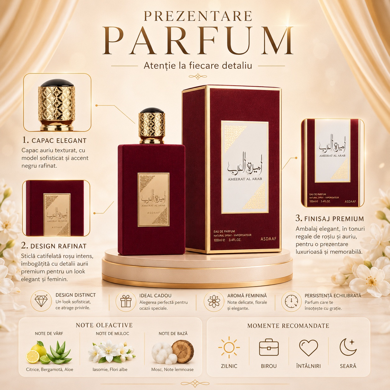 Prezentare parfum Asdaaf Ameerat Al Arab cu capac elegant, design rafinat, finisaj premium, note florale, citrice, mosc și note lemnoase