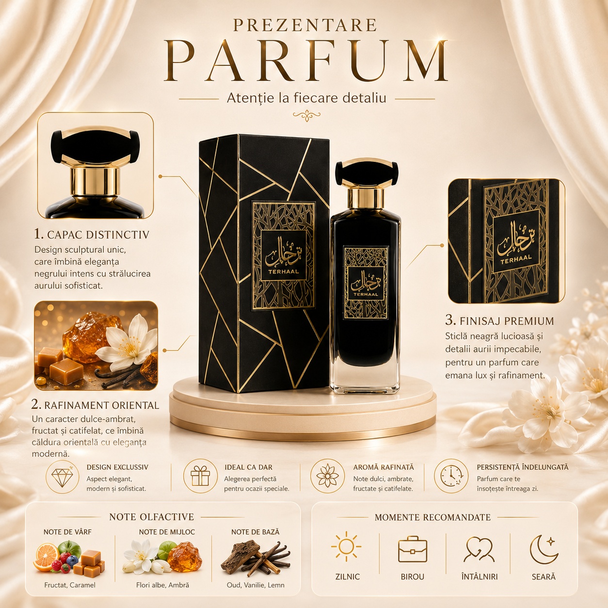 Prezentare parfum Asdaaf Terhaal cu note olfactive, design premium și momente recomandate