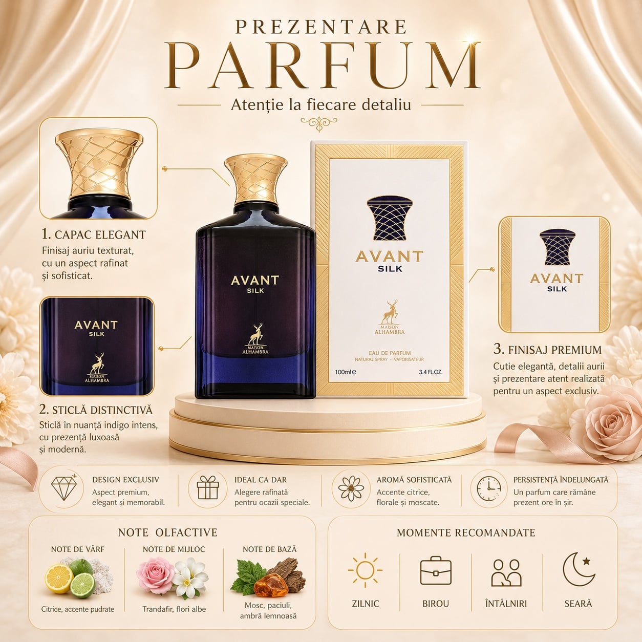 Prezentare parfum Avant Silk Maison Alhambra cu capac elegant, sticlă distinctivă, finisaj premium și note olfactive