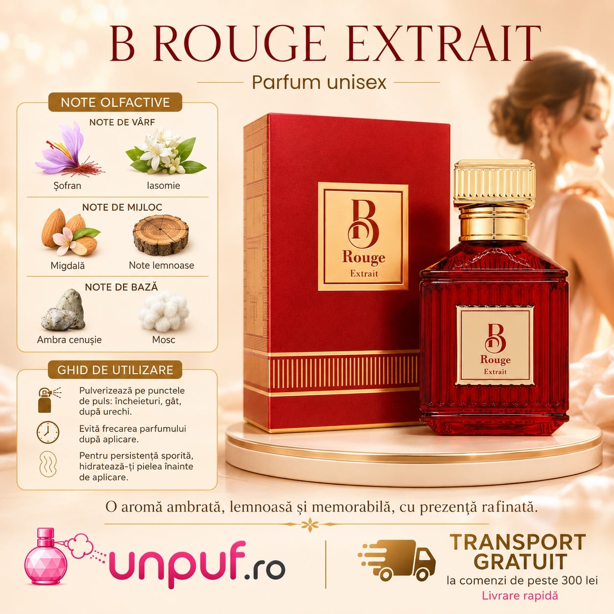 B Rouge Extrait Fragrance World parfum unisex 100 ml cu flacon roșu, cutie premium și prezentare elegantă