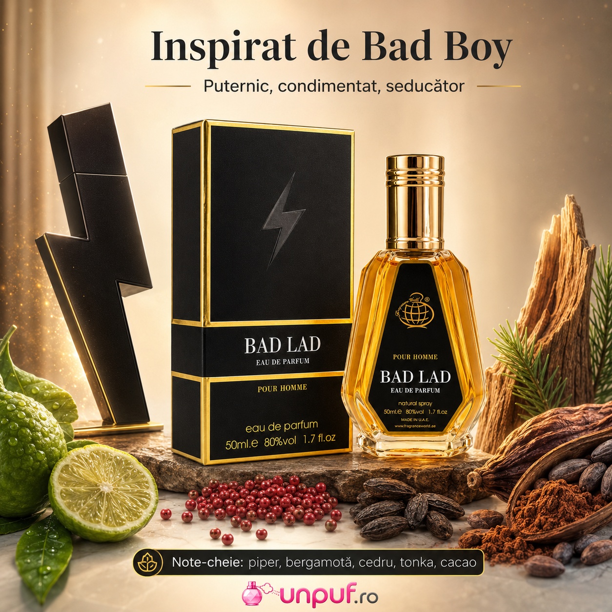 Bad Lad Eau de Parfum inspirat de Bad Boy, parfum puternic condimentat și seducător cu piper, bergamotă, cedru, tonka și cacao
