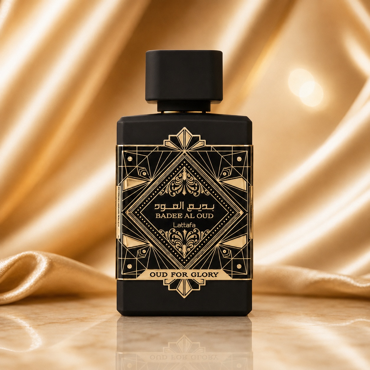 Flacon Bade&rsquo;e Al Oud For Glory Lattafa 100 ml parfum unisex negru mat cu ornament auriu oriental
