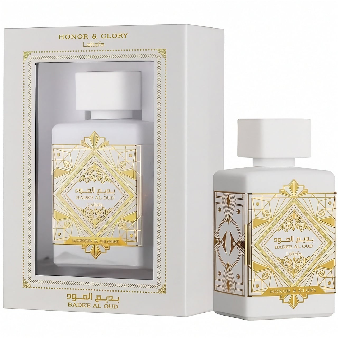 Parfum Lattafa Bade&rsquo;e Al Oud Honor & Glory 100 ml apă de parfum unisex cu flacon original alb și cutie premium alb aurie