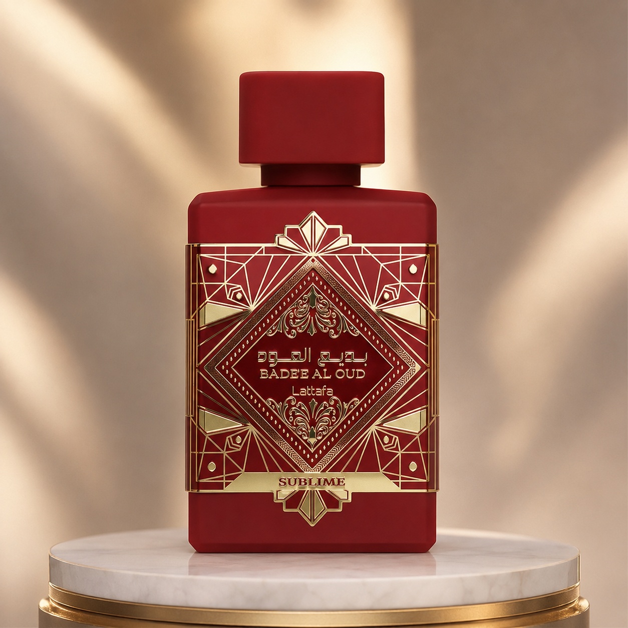 Sticlă parfum Bade&rsquo;E Al Oud Sublime Lattafa 100 ml cu design roșu și detalii aurii