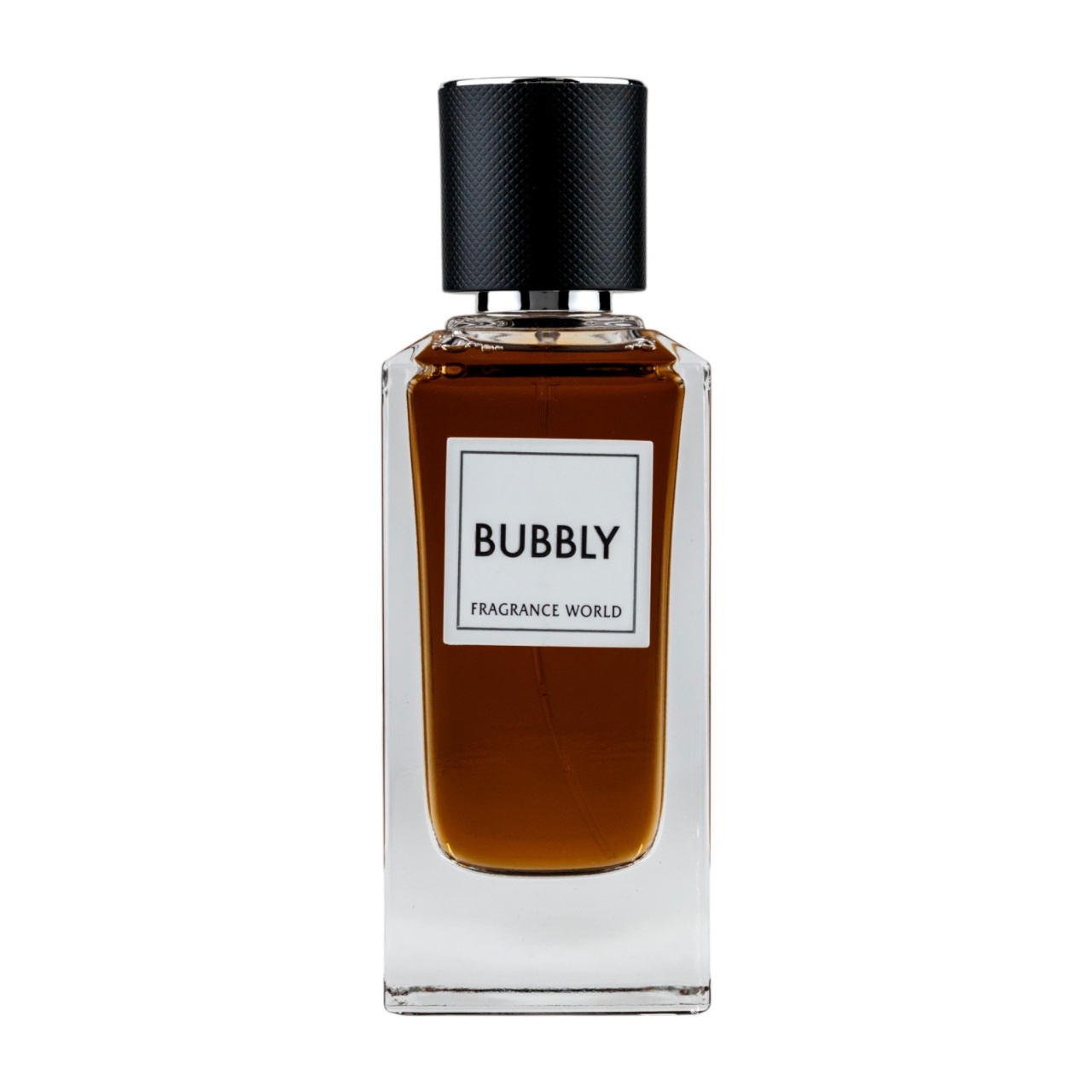Flacon original Bubbly Fragrance World 100 ml parfum unisex cu lichid ambrat și capac negru texturat