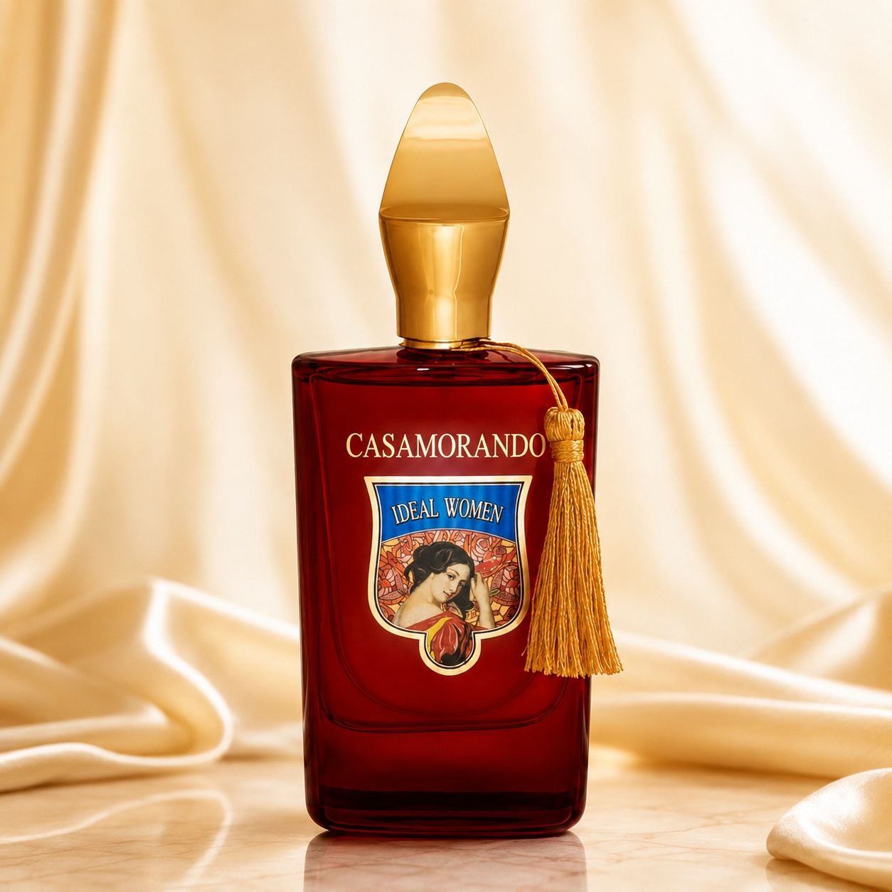 Flacon Casamorando Ideal Women Fragrance World 100 ml Apă de Parfum pentru femei cu lichid roșu și capac auriu