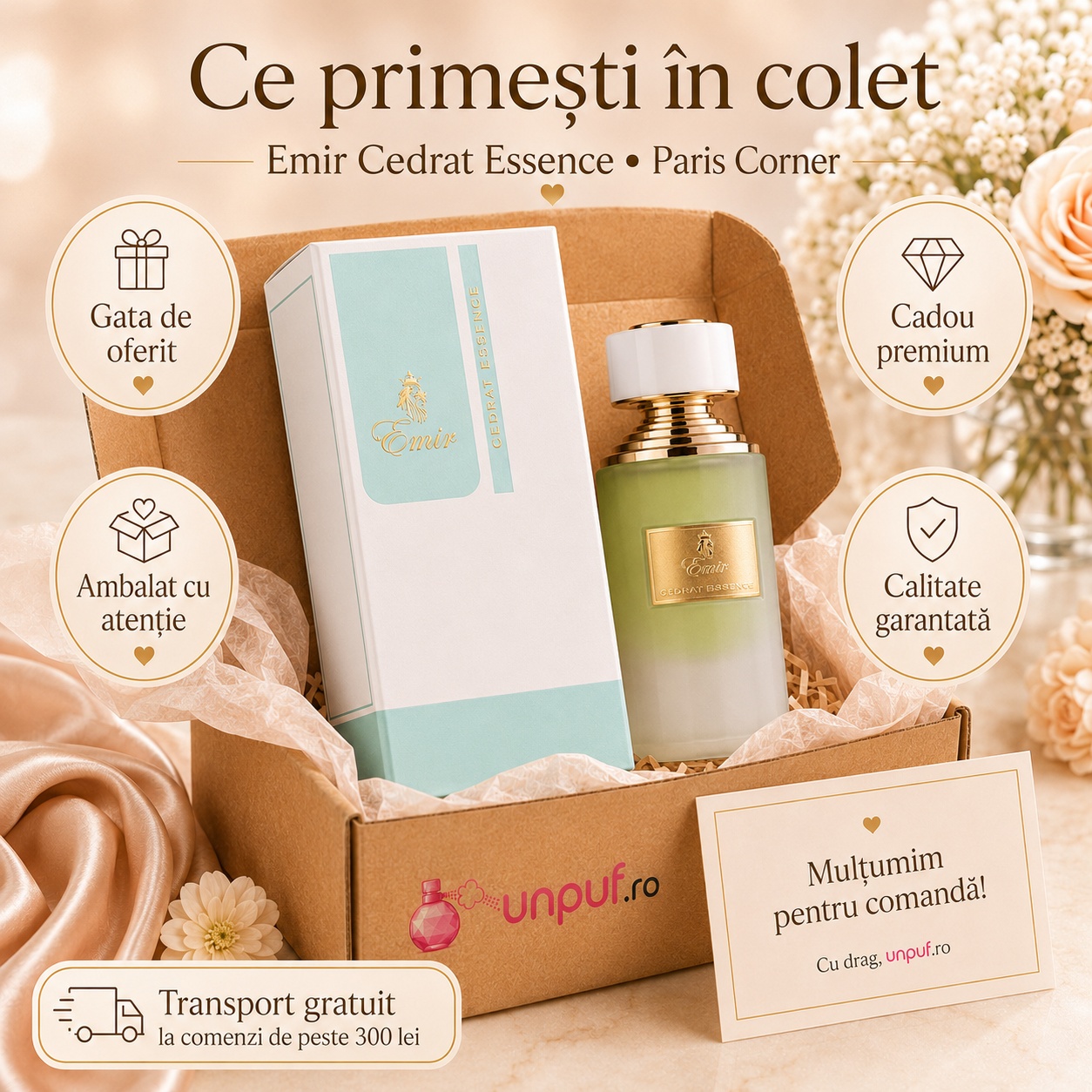 Ce primești în colet Cedrat Essense Emir 75 ml, parfum original, ambalare atentă și transport gratuit peste 300 lei