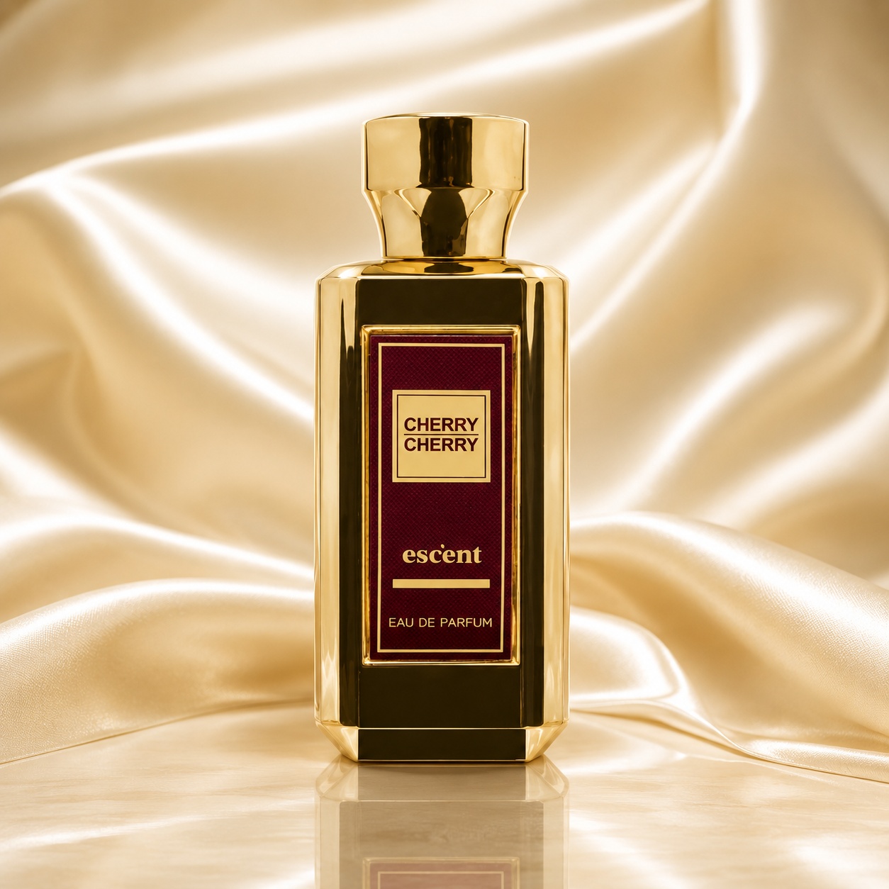 Flacon Cherry Cherry Escent 100 ml auriu cu etichetă vișinie și design premium