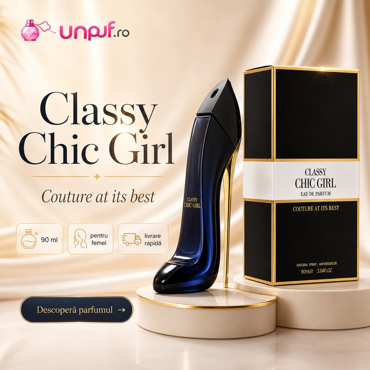 Classy Chic Girl Fragrance World parfum de damă 90 ml cu flacon pantof și cutie premium neagră aurie