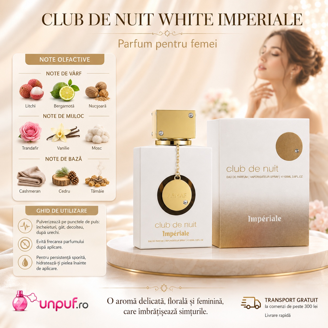 Club De Nuit White Imperiale parfum pentru femei, floral, pudrat, elegant și delicat cu prezentare alb aurie