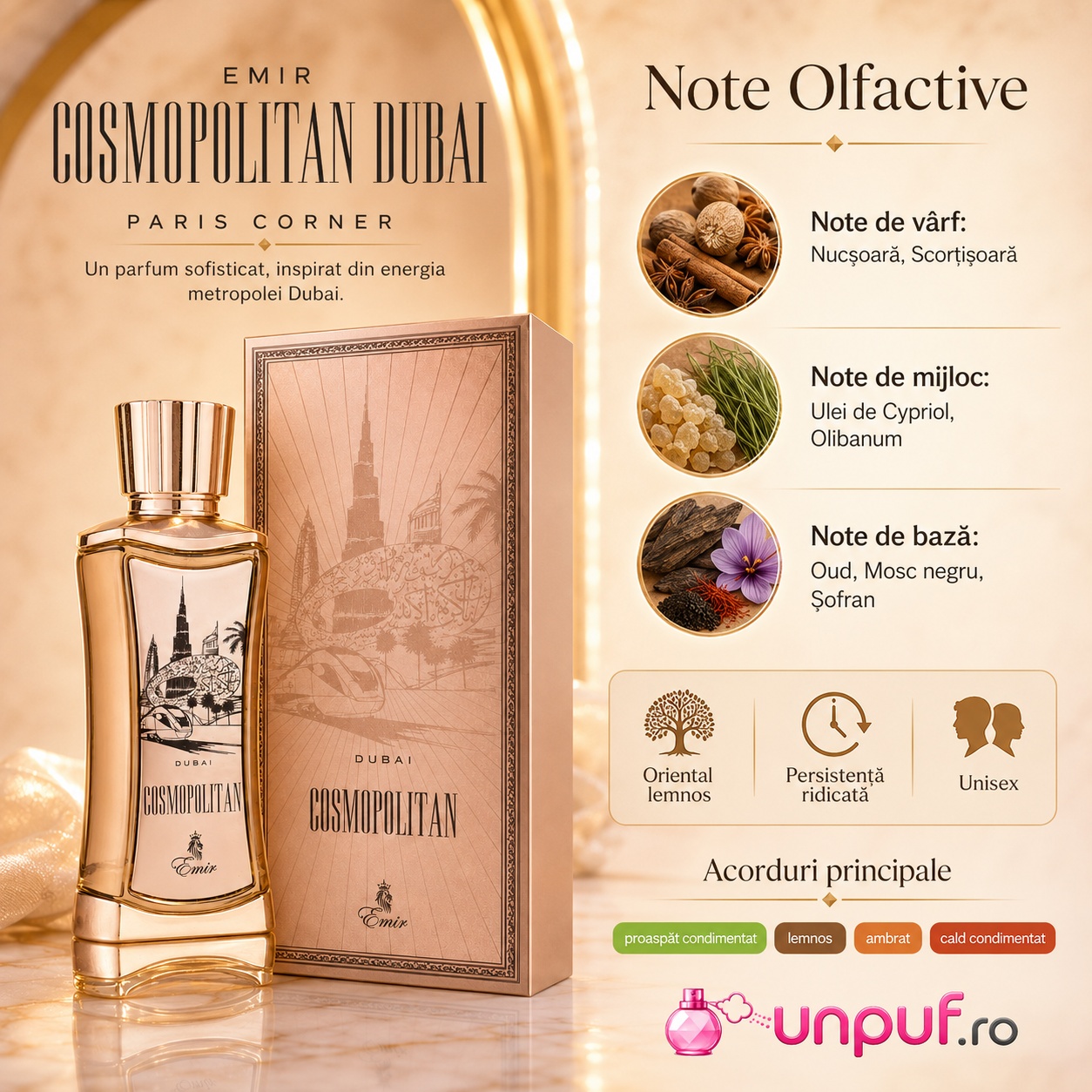 Cosmopolitan Dubai Emir cu note de nucșoară, scorțișoară, ulei de cypriol, olibanum, oud, mosc negru și șofran