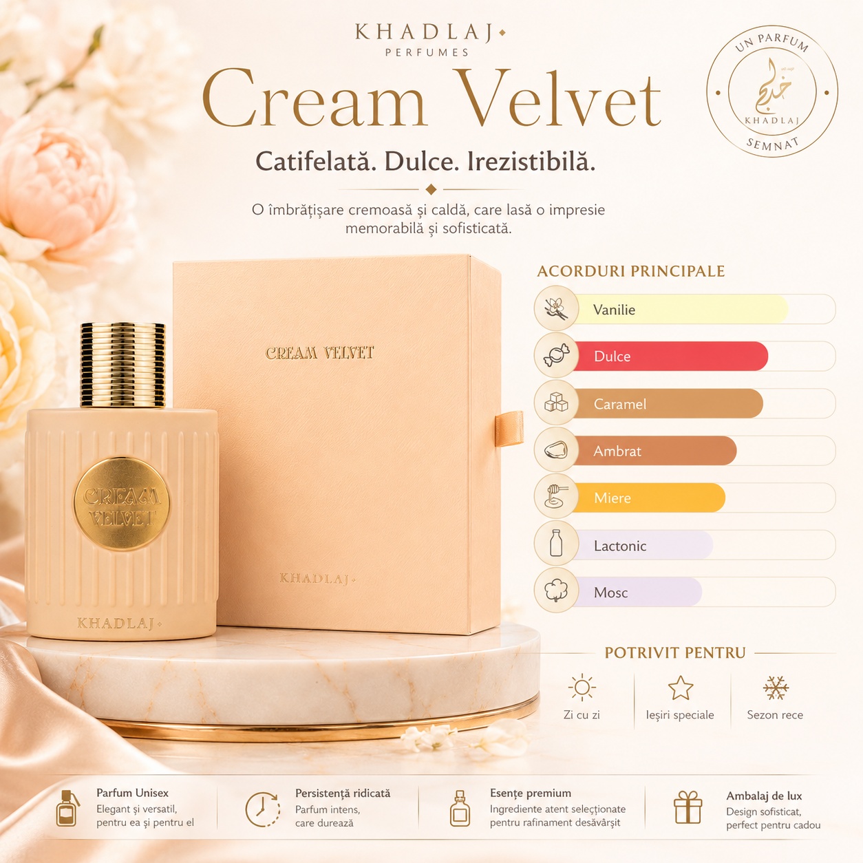 Cream Velvet Khadlaj prezentare cu acorduri principale vanilie, dulce, caramel, ambrat, miere, lactonic și mosc