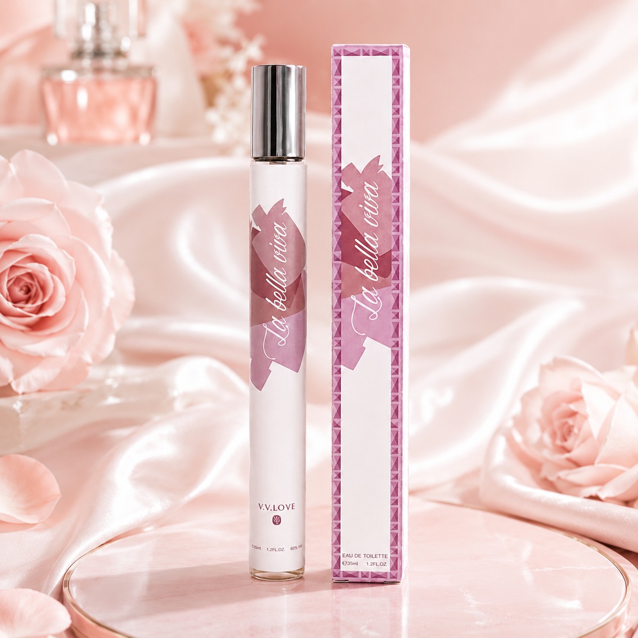La Bella Viva V.V. Love parfum damă 35 ml sticlă elegantă roz pudrat cu capac argintiu