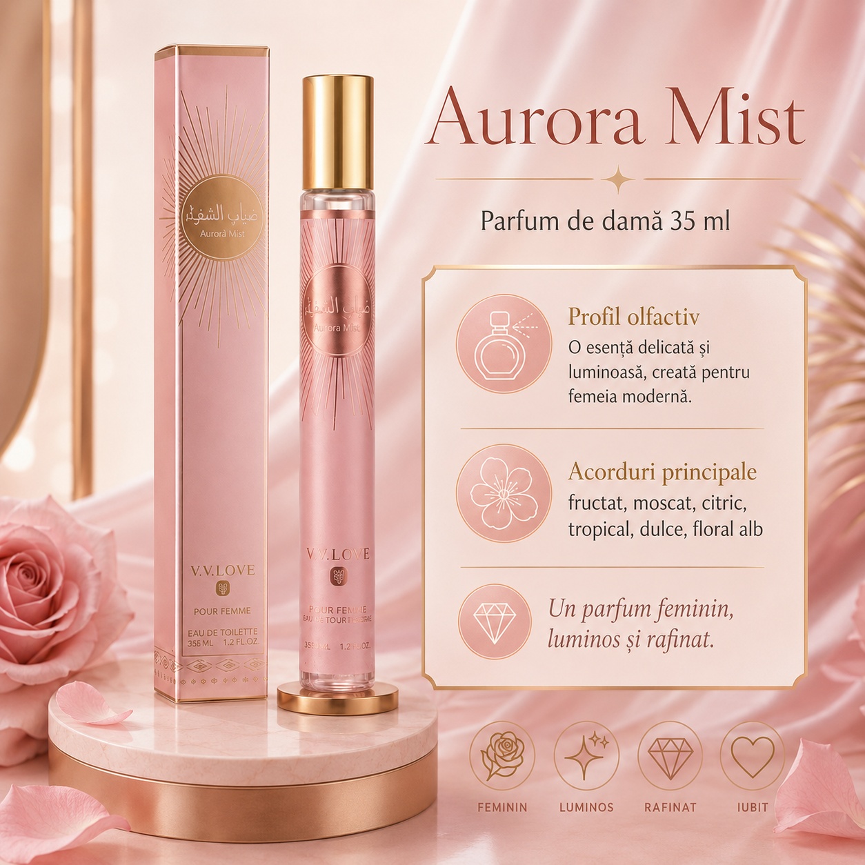 Aurora Mist 35 ml profil olfactiv fructat moscat citric tropical dulce floral alb