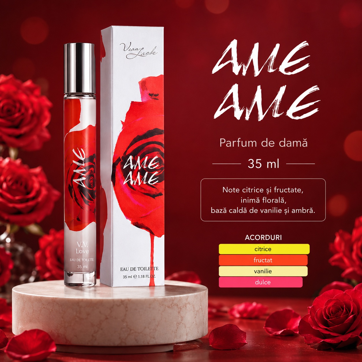 Parfum Ame Ame 35 ml V.V. Love note citrice fructate inimă florală bază de vanilie și ambră