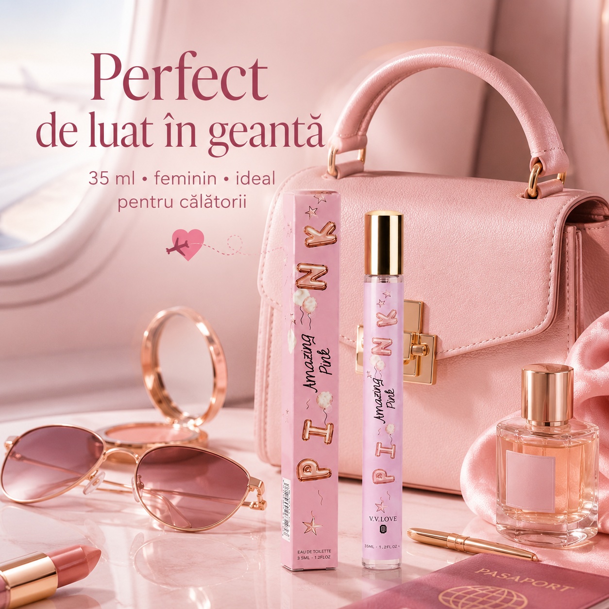 Parfum Pink 35 ml perfect de luat &icirc;n geantă ideal pentru călătorii