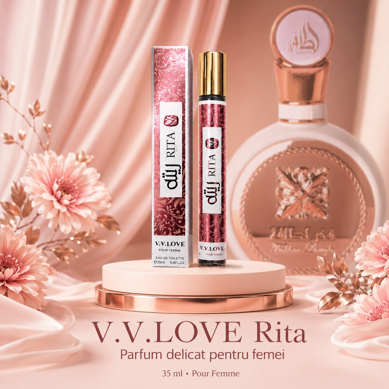 Parfum Rita 35 ml V.V. Love parfum delicat pentru femei pe fundal premium roz rose gold